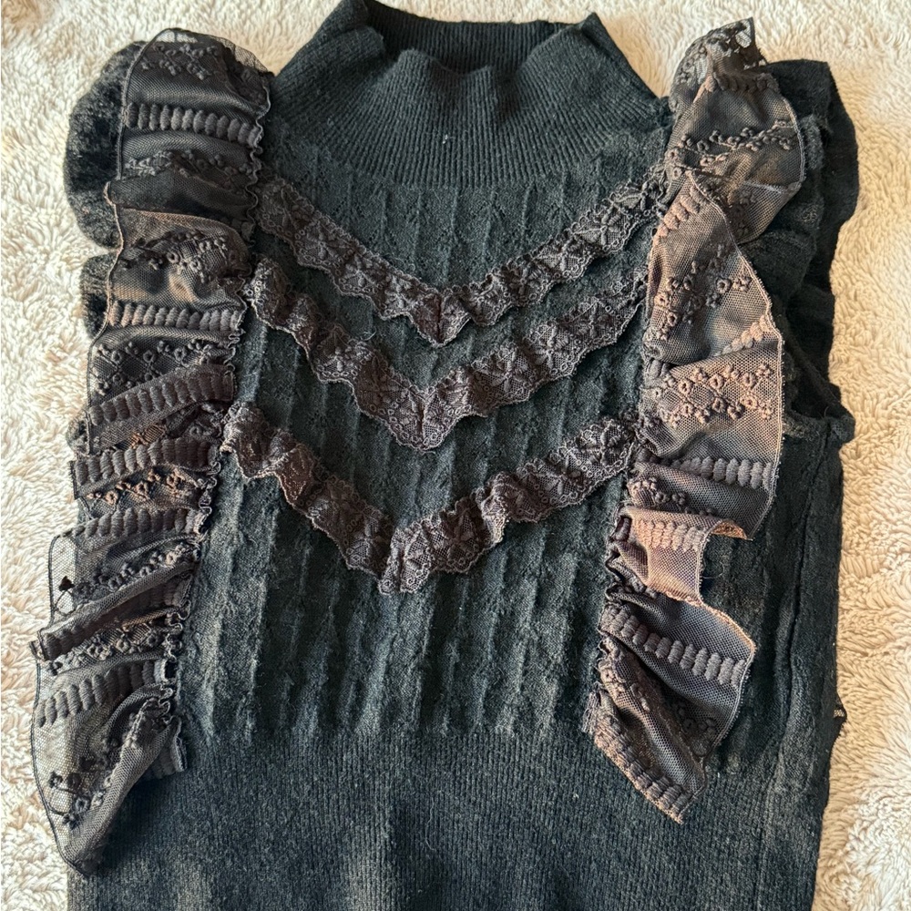 Zara Black Lace Ruffle Turtleneck Sweater